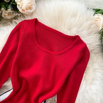 YuooMuoo Elegantné Ženy Pletené Svetre Šaty 2020 Nové Jeseň Zima Dve Bočné Lemované Červeným Bežné Šaty Dámske Office Šaty Vestidos