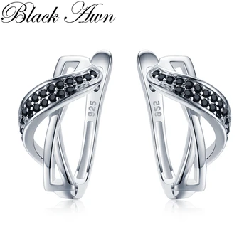 [Black Awn] Classic 925 Sterling Silver Kolo Black Trendy Spinelovou Zapojenie Hoop Náušnice pre Ženy, Jemné Šperky Bijoux I148