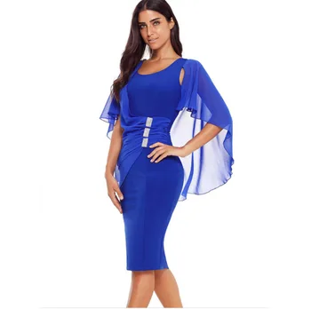 Móda Modrá Farba Ženy Midi Šaty Slim Fit podkolienok Batwing Rukáv O-krku Plus Veľkosť Maxi Šaty Elegantné Dámske Pracovné oblečenie