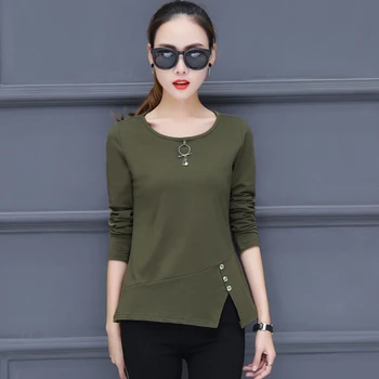 Plus Veľkosť Tričko s Dlhým Rukávom 2020 Jeseň Bežné Pevné Slim Blusas Office Lady kórejské Oblečenie Žien O-krku Bavlna T-shirt 10711