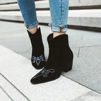 Sianie Tianie 2020 faux suede ukázal prst ženy chelsea boots slip-on ležérne topánky námestie vysoké podpätky vyšívať dámy sneh topánky