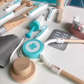 18Pcs Deti Drevené Predstierať, že Zubár Toolbox Simulačný Nástroj Vzdelávacie Hračka Playset s Stetoskop pre Deti