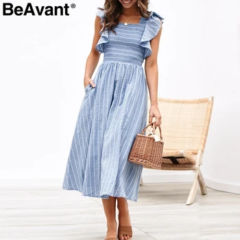 BeAvant Prekladané skladaný dlhé letné šaty Elegantné ženy prehrabať rukáv pinafore modré šaty Bežné vrecká bielizeň šaty vestidos