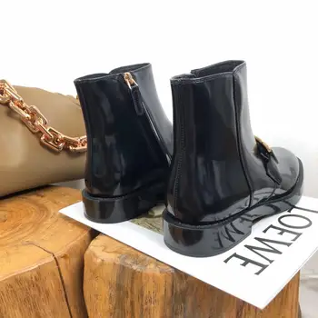 Značka Zimné Chelsea Boots Ženy Lakovanej Kože Ženy, Robustný Päty Platformu Zimné Topánky, Čierne Krátke Členková Obuv Pre Ženy