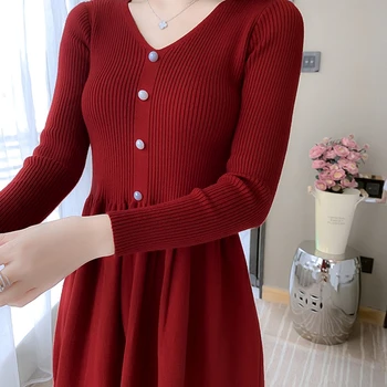Jeseň zima pletené šaty žien dlhým rukávom single-breasted sveter šaty dámske ležérne elegantný A-line elastické midi šaty