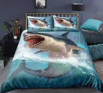 3D Shark Boy posteľná bielizeň Nastaviť Tichom Zvierat perinu nastaviť Kráľovná Tichom Ryby Posteľ Nastaviť Žralok Modrý Posteľ Line Kráľ bytového Textilu