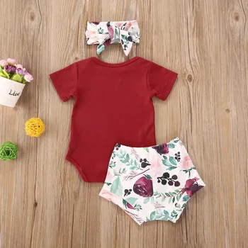 2020 Batoľa Detská Deti Baby Girl Šaty Nastaviť Lete Krátky Rukáv, Červený List Kombinézu Kvetinový Šortky Oblečenie Oblečenie 3ks
