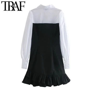 TRAF Ženy Elegantný Módy Patchwork Prehrabať Nepravidelný Mini Šaty Vintage Dlhý Rukáv Strane Zips Ženské Šaty Mujer