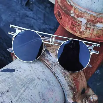 Kolo Kruhu Steampunk slnečné Okuliare Muži Ženy Retro Slnečné Okuliare Dizajn Značky Modrý Zrkadlový Objektív Oculos De Sol Odtiene UV Ochrany