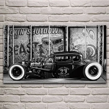 Retro auto Hot Rod monochromatické vozidla umelecké diela obývacia izba výzdoba domov wall art dekor drevo rám textílie plagáty KJ240