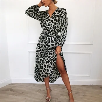 ZOGGA Leopard Tlač Ženy Sexy Šaty V Krku Dlhý Rukáv Vysoký Pás Šaty Bežné Maxi Vintage Nepravidelný Šaty Dlhé Party Šaty