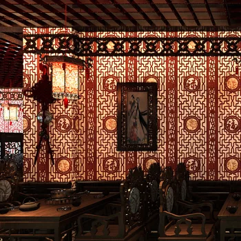 Čínska klasická tapeta s imitáciou dreva-rezbárske okna tapety obývacia izba štúdia chodbe, TV joj, stenové krytiny