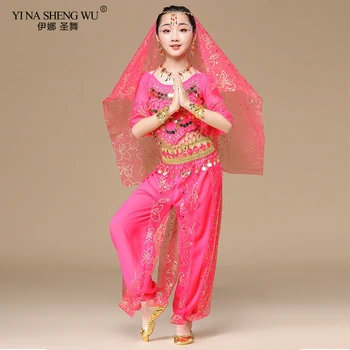 Indický Bollywood Oblečenie Cigánskych Kostýmoch Brušného Tanca ChildrenSet Indie Dance Deti Oblečenie 5 ks (pokrývku hlavy Závojom Top Pás Nohavice)