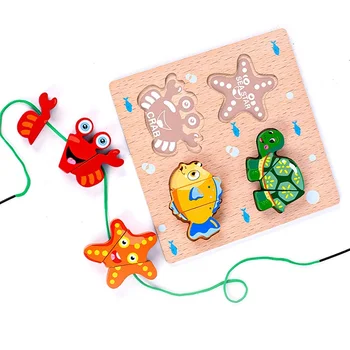 Deti Drevené 3D Puzzle Hračka pre Rozvoj Mozgu Simulácia Ovocie Cartoon Vypletenia Navliekanie Drevených Perličiek Monterssori Vzdelávacie Hračka