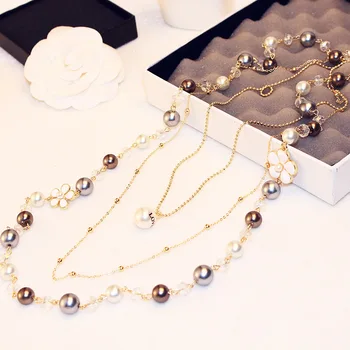 Luxusné slávny camellia tri-tier sveter reťazca náhrdelník módne crystal pearl ruže kvet náhrdelník pre ženy strany