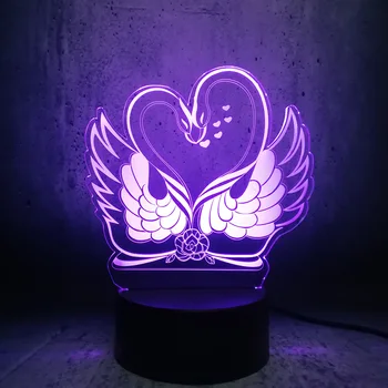 Nový Romantický Rose Dvojité Swan 3D USB LED Lampa Milovník Kiss Štýl Sladké Srdce 7 Farieb zmena Gradientu Náladu Nočné Svetlo Dekor
