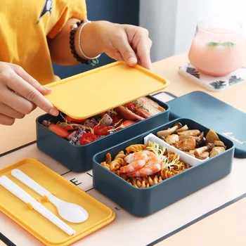1200ml Dvojitej Vrstvy Lunch Box S Lyžicou Módne Prenosné Mikrovlnná Bento Box Zdravé Plastové Skladovanie Potravín Kontajner Lunchbox
