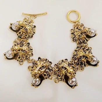 Vintage vyhlásenie lev pearl ťažké kúzlo náramok šperky pre ženy, náramky, prívesky