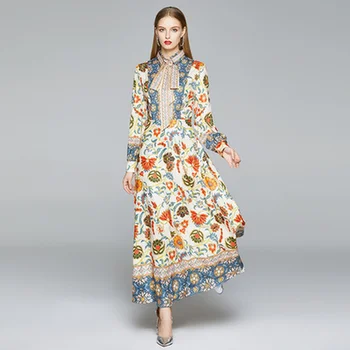 Dráhy Dizajn Maxi Šaty Žien Jeseň Zima Voľné Plus Veľkosť Vintage Šaty S Dlhým Rukávom Elegantný Kvetinový Tlač Šaty Vestidos