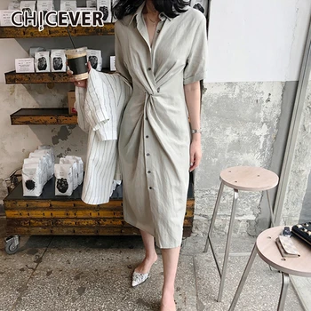 CHICEVER Ruched Asymetrické Šaty Pre Ženy Klope Golier, Krátky Rukáv, Vysoký Pás Plus Veľkosť kórejský Midi Ženské Šaty 2020 Nové