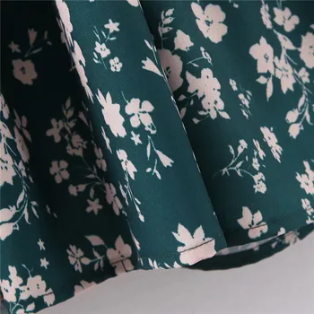 Vintage elegantný kvetinový vzor tlače šaty Poprsie elastické O krk dlhý rukáv bežné nosenie štýlový, elegantný zelený midi šaty vestidos