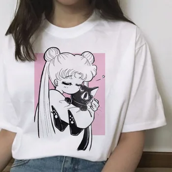 Sailor Moon Kawaii t shirt 2019 mačka harajuku ženy ulzzang t-shirt kórejský grafický hornej cartoon tričko krátky rukáv žena legrační