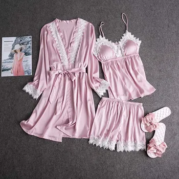 Letné Satin Rayon Nightgown Kimono Šaty 3KS Čipky Sexy Spánku Vyhovovali Nevesta Bridesmaid, Svadobné Rúcho Nastaviť M-XL
