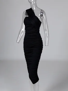 2020 Ženy Sexy Elegantné Slim Fit Midi Čierna Party Šaty Žena Slinky Šaty Jedno Rameno Bez Rukávov Ruched Bodycon Šaty