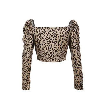 Ženy Leopard Tlač Plodín Topy Príčinné Dlhý Rukáv V Krku Obväz Krátke Tričká Žena blusas mujer de moda 2019