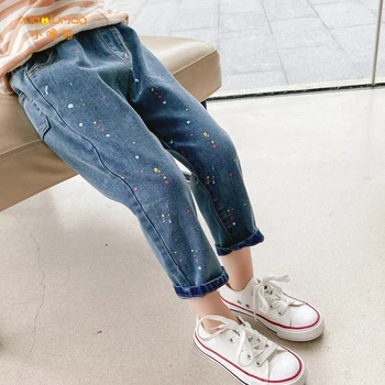 Dieťa dievča džínsy graffiti džínsy bodky tlač batoľa dievča denim chlapčeka džínsy, nohavice 3-8Y nadrozmerné Oblečenie pre dievčatá, veľkoobchod