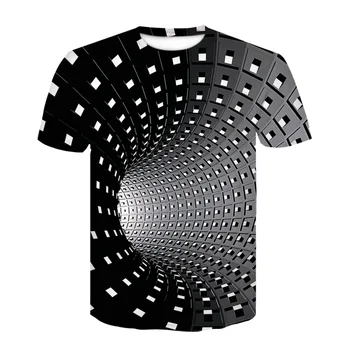 3D čiernej a bielej skontrolujte špirála otvor krátky rukáv T-shirt, letné chlapec hip hop zábavné osobnosti tlač trend T-shirt
