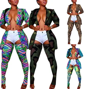 Camo Leopard Tlač Dve Kus Ženy Otvoriť Predné Sako Top +Nohavice Patria 2 Kus Zhodné Sady Sexy Klub Šaty Plus Veľkosti S-3XL