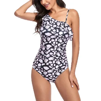 Jeden Ramenný Plavky Ženy 1 Kus Plavky Sexi Prehrabať celé plavky na Kúpanie Oblek Leopard Tlač Pláži Plávať 2021 NOVÉ Plus Veľkosť 2XL