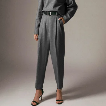 Žena Dvoch-Dielny Oblek Jeseň Zima Elegantné Office Lady Gray Vlnené Oblek Nohavice okolo Krku Sveter 2021 Módne dámske Oblek