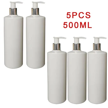 5PC 500 ml Ploché Ramenný Plastové PET Fľaše (500 ml Ploché Ramenný Biela + Strieborné-biela Hlave Čerpadla)