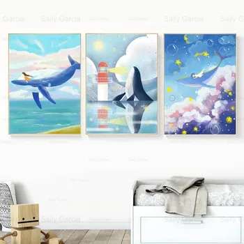 Fantasy Veľryba Cestovanie Plátno Na Maľovanie Hviezdy More Oblakov Plagát Detinské Umenie Tapety Detská Izba Dekorácie, Remeselné Vytlačiť Obrázok