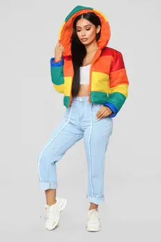 Zimné bežné teplé rainbow s kapucňou celý rukáv hrubý kabát pravidelné vietor outwear