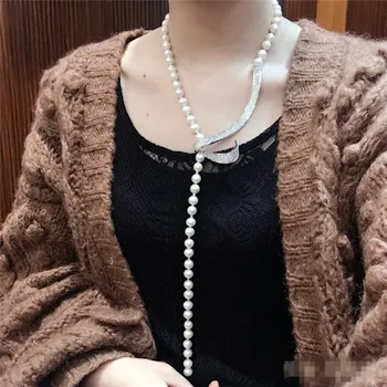 Ručne viazané 8-9mm prírodná biela usadenina perlový náhrdelník dlhý sveter reťazca módne šperky