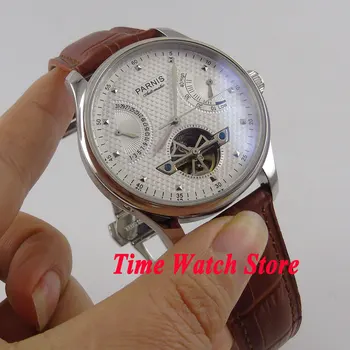Parnis 43mm ST 2505 Automatické pánske hodinky power reserve zobrazenie Dátumu biela dial dátum nepremokavé kožené pútko 413