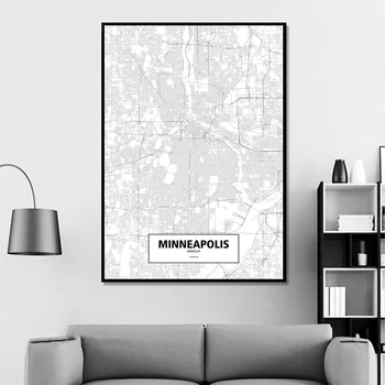 Minneapolis, Minnesota, Spojené Štáty Čierna Biela Vlastný Svet Mape Mesta Plagát Plátno Tlačiť Nordic Štýl Wall Art Domova