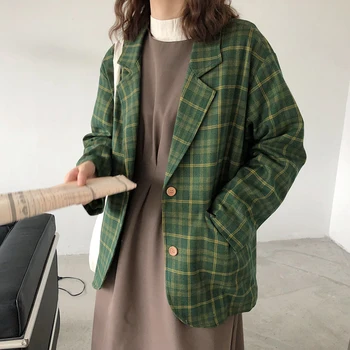 Kórejské Ženy Jeseň Zelený Kockovaný Kabát, Sako Singel svojim Vonkajšie Nosenie Bunda s Vrecku Vintage Plus Veľkosť Dlhý Rukáv