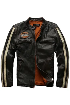Módne značky prúžok pravých mužov slim fit vintage motocykel mužov list moto biker jacket kožený kabát