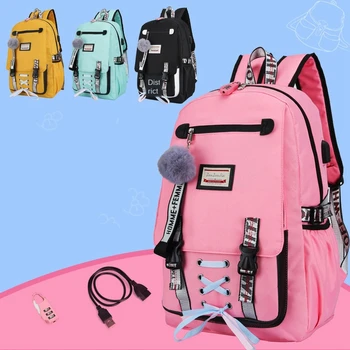 Ružová Plátno Školské Tašky USB Nabíjanie Anti-theft Schoolbags pre Dievčatá Batoh, Veľká Kapacita Školskej Teenagerov, Ženy Batoh