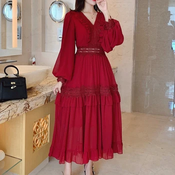 YAMDI boho šaty žien retro chic svieti na červeno v krku svietidla rukáv voľné big swing 2020 jar jeseň duté sa prehrabať vestido
