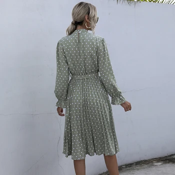 Žena Jeseň Dlhé Šaty Elegantné Polka Dot Tlače Ruched Luk Šaty Bežné Čierna Zelená Dlhý Rukáv Módne Šaty pre Nový Rok 2021