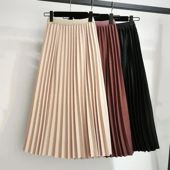Jeseň ženy Sukne 2020 Lete svetlo Klasické slovo sukne tenké farbou sukne s Vysokým pásom retro slim skladaný mid-dĺžka sukne