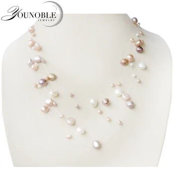 YouNoble Skutočné prírodné perlový náhrdelník,módne viacvrstvových náhrdelník ženy, svadobné dievča, matka narodeniny najlepší darček biela multi