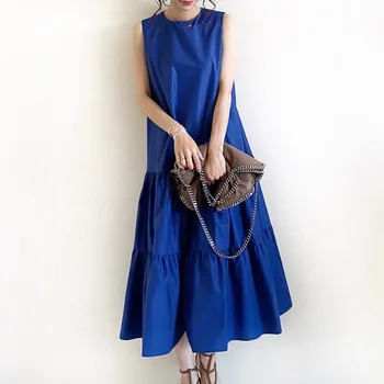 Voľné modrej bez rukávov ženy šaty letné janpanese štýl 2020 módne skladaný dlho maxi šaty riadku bežné green office