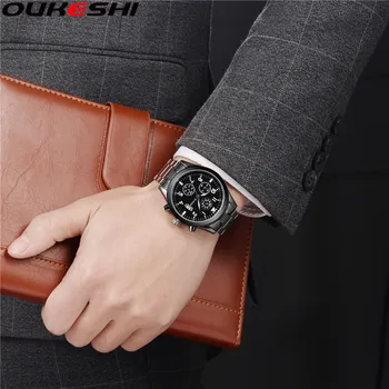 OUKESHI Značky Módneho priemyslu Muži Hodinky S Kalendárom Bežné Nerezové náramkové hodinky Quartz Relogio Masculino Hodiny