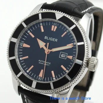 Bliger 46 mm black dial automatické mechanické pánske hodinky zafírové sklo Svetelný Nepremokavé Kožené Pútko Náramkové hodinky Mužov